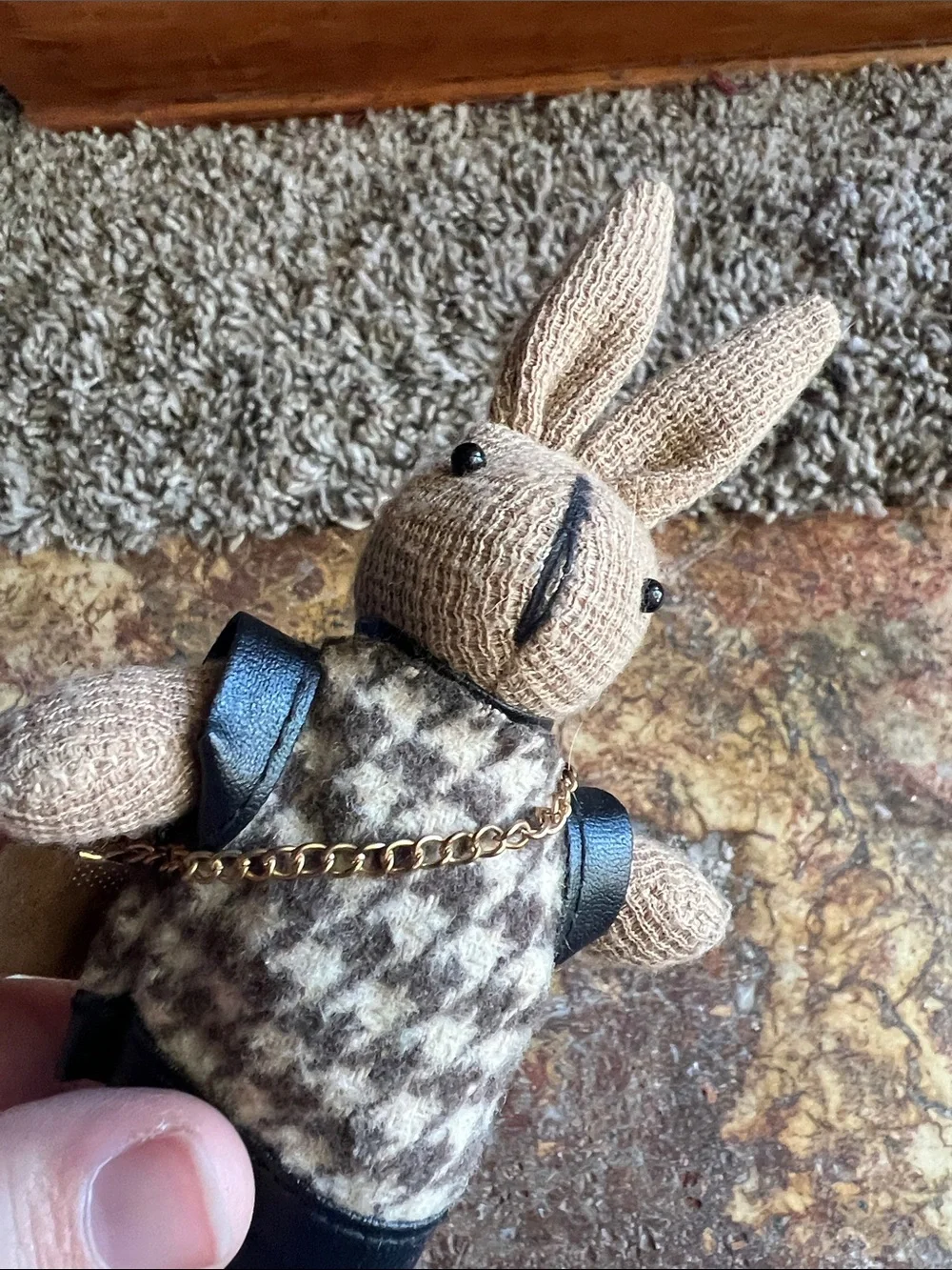 Tan Knit Bunny Keychain with Houndstooth Sweater